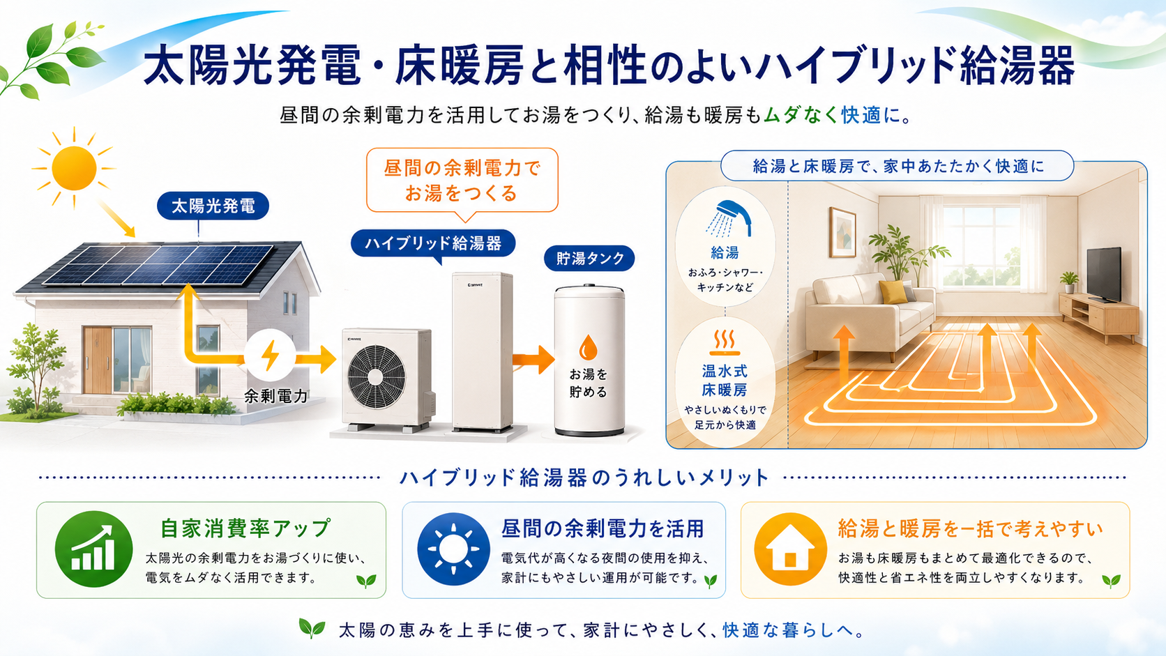 ハイブリッド給湯器と太陽光発電・床暖房の組み合わせ