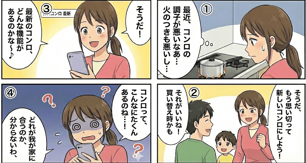ガスコンロ選びの流れを説明する漫画